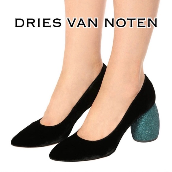 Dries Van Noten Black Velvet Heels with Blue Glitter Block - Picture 2 of 14
